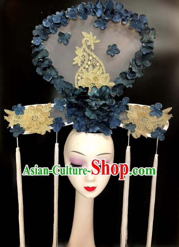 China Qipao Show Flowers Hair Crown Court Tassel Hair Clasp Catwalks Deluxe Headdress Handmade Bride Fashion Headwear