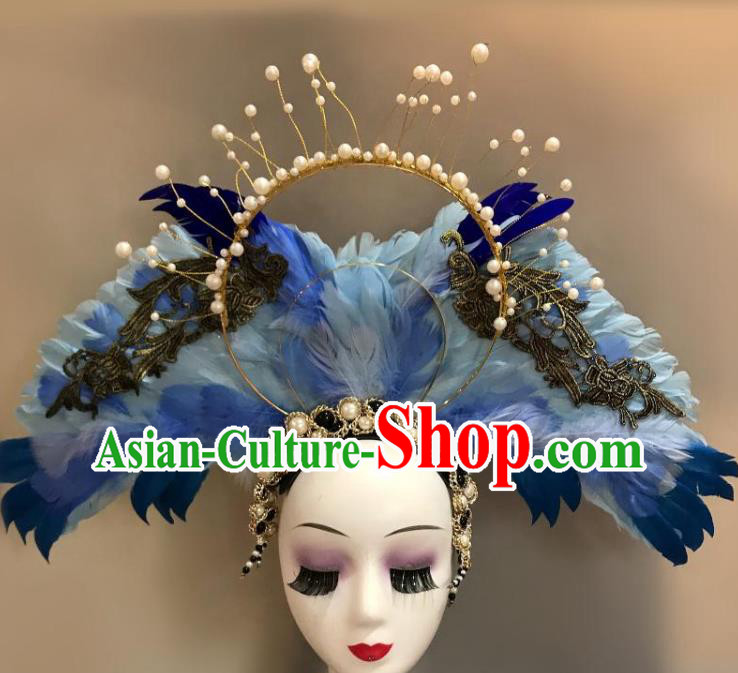 Top Halloween Catwalks Blue Feather Royal Crown Carnival Parade Giant Wings Headdress Baroque Goddess Pearls Hair Clasp Cosplay Princess Hair Accessories