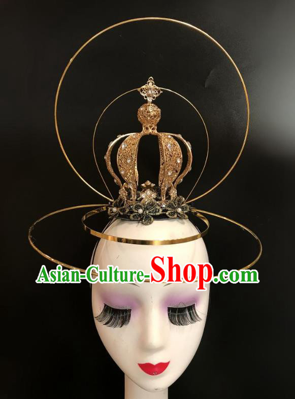 Top Halloween Catwalks Golden Royal Crown Carnival Parade Headdress Baroque Bride Hair Clasp Cosplay Princess Hair Accessories