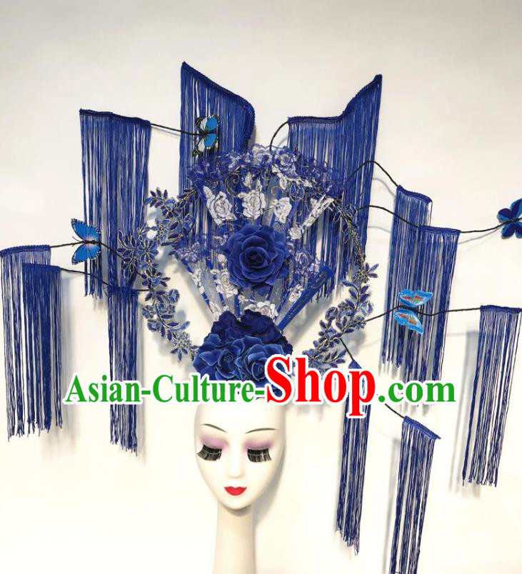 China Qipao Show Blue Flowers Hair Crown Court Lace Fan Hair Clasp Catwalks Deluxe Tassel Headdress Handmade Bride Fashion Headwear