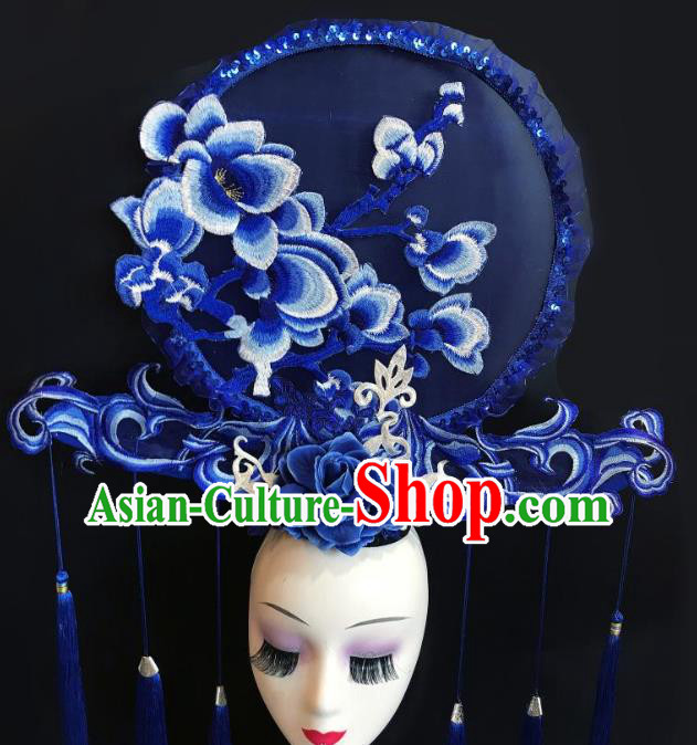 China Stage Show Embroidered Mangnolia Hair Crown Court Blue Tassel Hair Clasp Qipao Catwalks Deluxe Headdress Handmade Bride Fashion Headwear