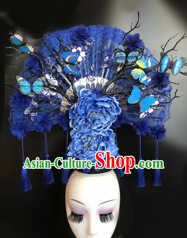 China Qipao Catwalks Fashion Headdress Handmade Bride Deluxe Headwear Stage Show Blue Peony Hair Crown Court Lace Fan Hair Clasp