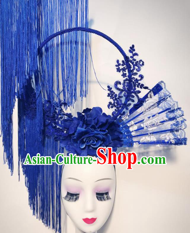 China Stage Show Blue Peony Hair Crown Court Fan Hair Clasp Qipao Catwalks Fashion Headdress Handmade Bride Deluxe Tassel Headwear