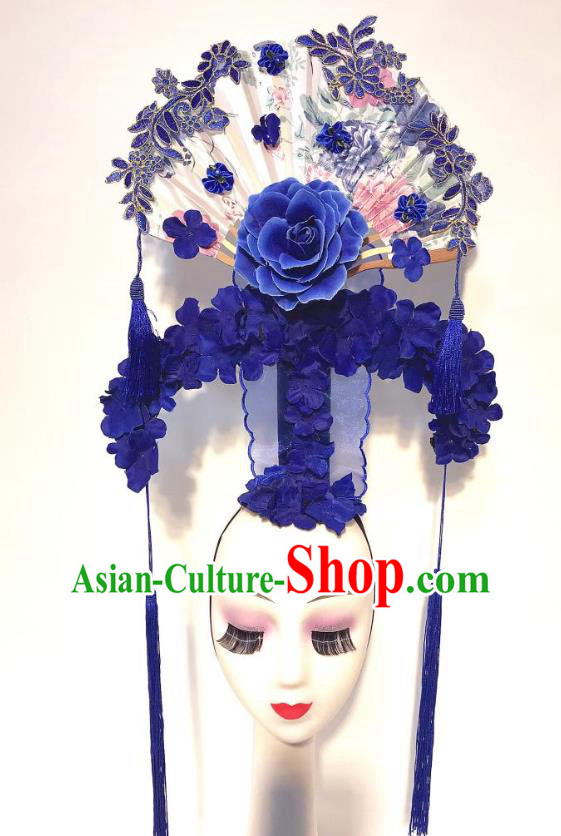 China Handmade Bride Blue Flowers Fashion Headwear Stage Show Hair Crown Court Fan Hair Clasp Qipao Catwalks Tassel Headdress