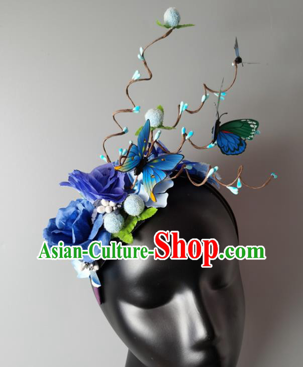 Top Baroque Blue Butterfly Flowers Hair Clasp Cosplay Fairy Hair Accessories Halloween Catwalks Royal Crown Princess Headdress