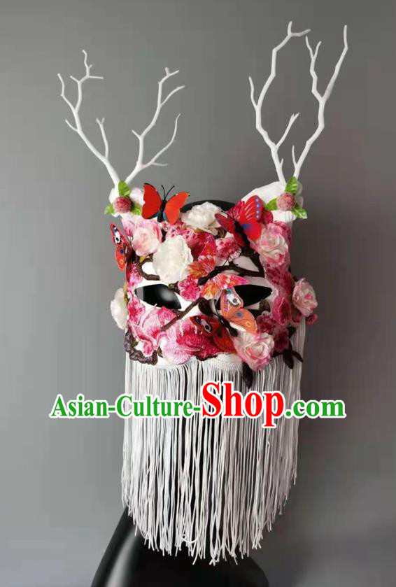 Handmade Brazil Carnival Pink Flowers Mask Halloween Cosplay Princess White Tassel Face Mask Costume Party Baroque Cat Headpiece