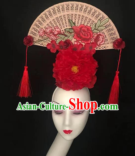 China Court Red Peony Hair Clasp Qipao Catwalks Tassel Headdress Handmade Bride Fashion Headwear Stage Show Folding Fan Hair Crown