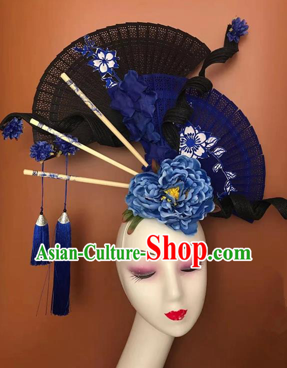 China Stage Show Folding Fan Hair Crown Court Black Peony Hair Clasp Qipao Catwalks Tassel Headdress Handmade Bride Fashion Headwear