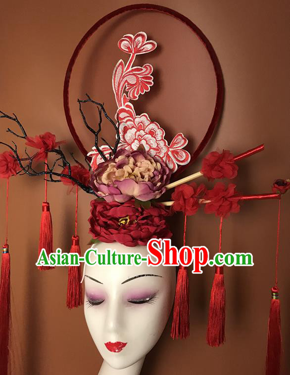 China Handmade Wedding Fashion Headwear Stage Show Tassel Hair Crown Court Peony Flowers Hair Clasp Qipao Catwalks Bride Headdress