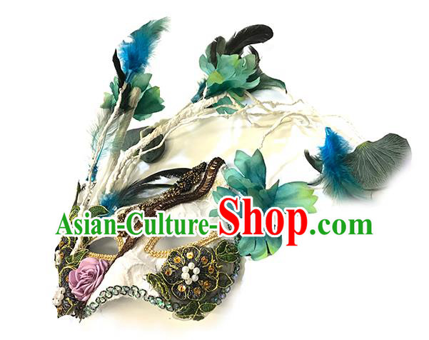 Handmade Costume Party Baroque White Cat Headpiece Brazil Carnival Mask Halloween Cosplay Princess Feather Face Mask