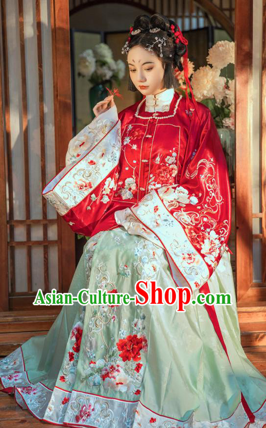 China Ming Dynasty Court Lady Historical Clothing Ancient Royal Princess Embroidered Red Hanfu Dress Garments