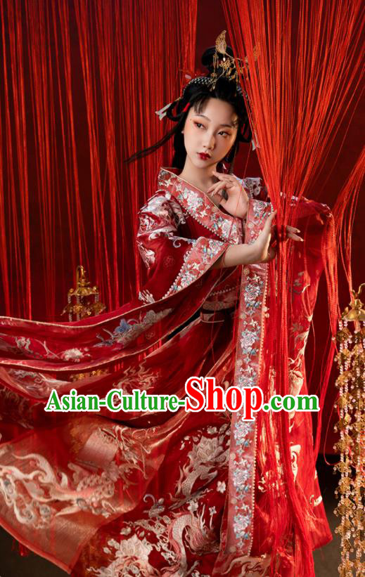 China Ancient Palace Beauty Embroidered Red Hanfu Dress Clothing Traditional Northern Southern Dynasties Princess Historical Garment Costumes