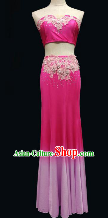 China Peacock Dance Rosy Dress Dai Nationality Folk Dance Clothing Yunnan Ethnic Stage Performance Garments