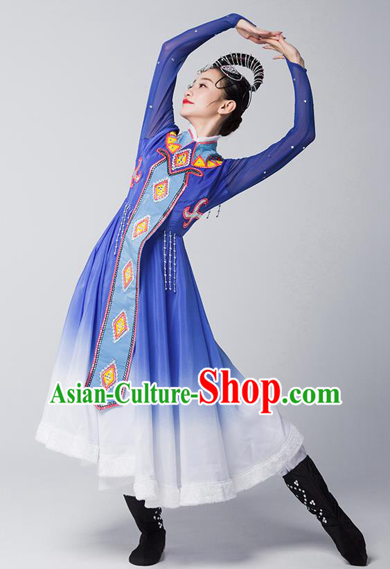 China Mongolian Nationality Folk Dance Clothing Mongol Ethnic Stage Performance Garments Evenki Dance Blue Dress