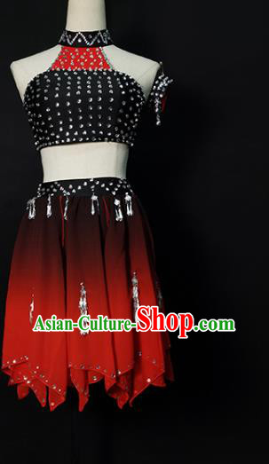 China Xiangxi Ethnic Stage Performance Garments Folk Dance Red Dress Wa Nationality Dance Clothing