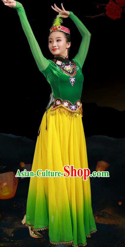 China Uyghur Nationality Stage Performance Clothing Uygur Ethnic Female Dance Garments Xinjiang Minority Folk Dance Green Dress