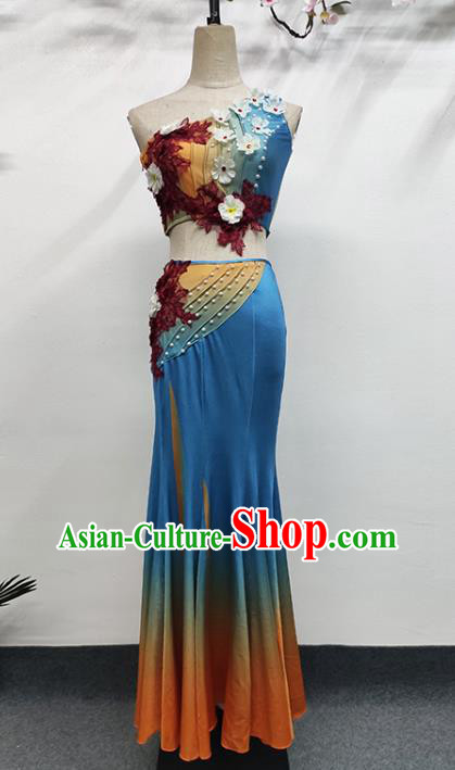 China Ethnic Female Peacock Dance Garments Yunnan Minority Folk Dance Blue Dress Dai Nationality Stage Performance Clothing