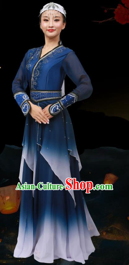China Mongolian Ethnic Stage Performance Garments Minority Folk Dance Navy Dress Mongol Nationality Dance Clothing