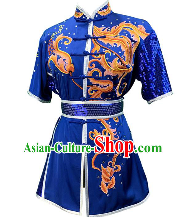 Chinese Kung Fu Training Garment Costumes Martial Arts Wushu Embroidered Royalblue Sequins Outfits Kungfu Competition Clothing