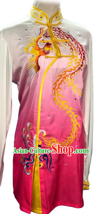 Chinese Kungfu Competition Long Sleeve Clothing Kung Fu Training Garment Costumes Martial Arts Wushu Embroidered Phoenix Rosy Outfits