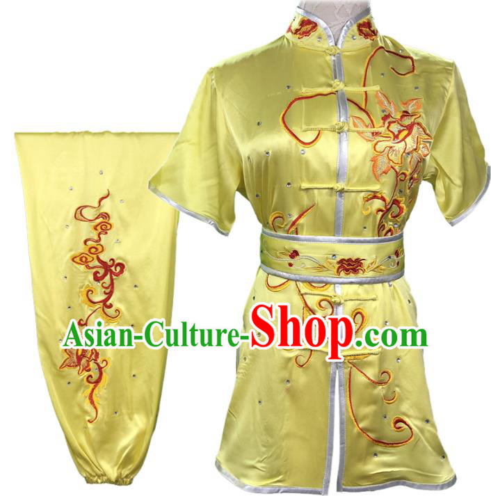 Chinese Kung Fu Training Garment Costumes Martial Arts Wushu Embroidered Peony Yellow Outfits Kungfu Competition Short Sleeve Clothing