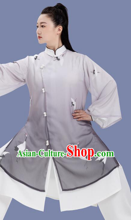 Chinese Martial Arts Hand Painting Cranes Grey Outfits Woman Tai Chi Competition Clothing Tai Ji Training Garment Costumes