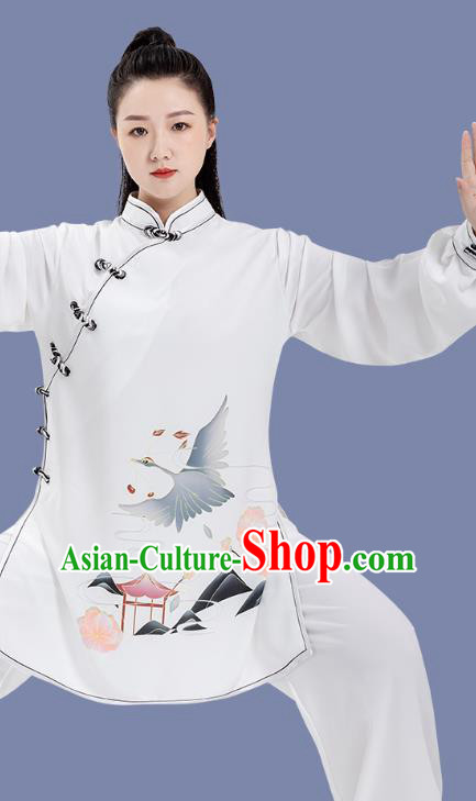 Chinese Tai Ji Training Garment Costumes Martial Arts Hand Painting Cranes White Outfits Woman Tai Chi Competition Clothing
