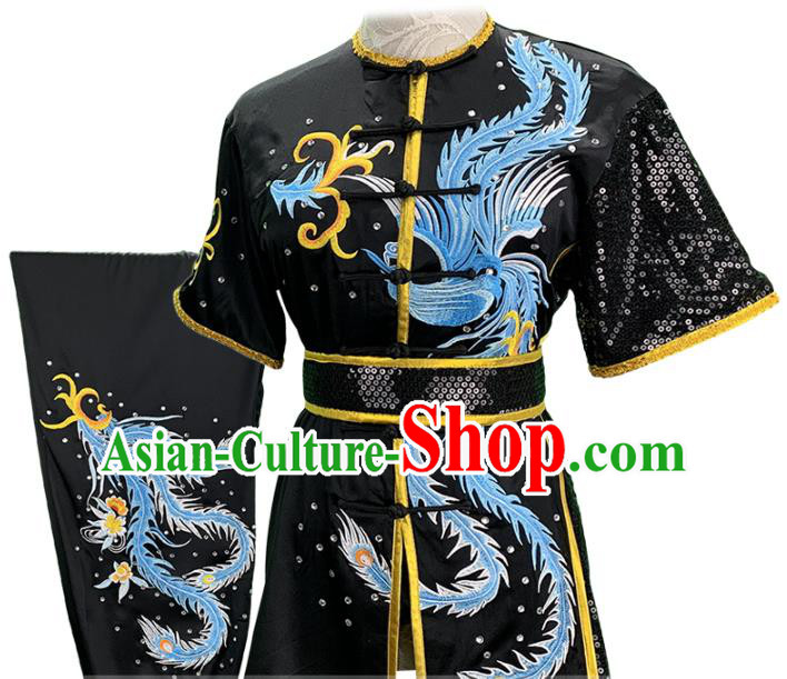 China Wushu Competition Garment Costume Female Shadowboxing Kung Fu Clothing Martial Arts Embroidered Phoenix Black Uniforms