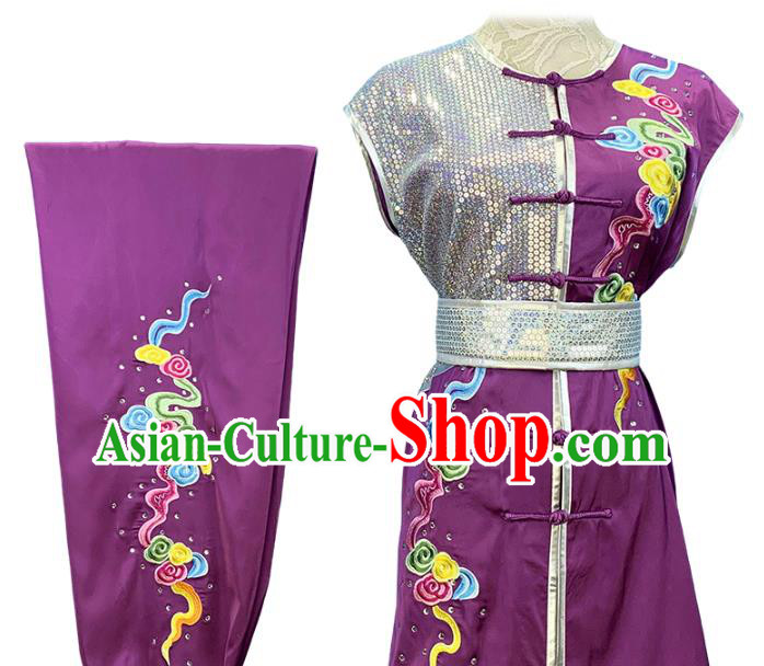 Top Chinese Southern Boxing Performance Embroidered Cloud Purple Outfits Wushu Kung Fu Garment Costume Martial Arts Competition Clothing