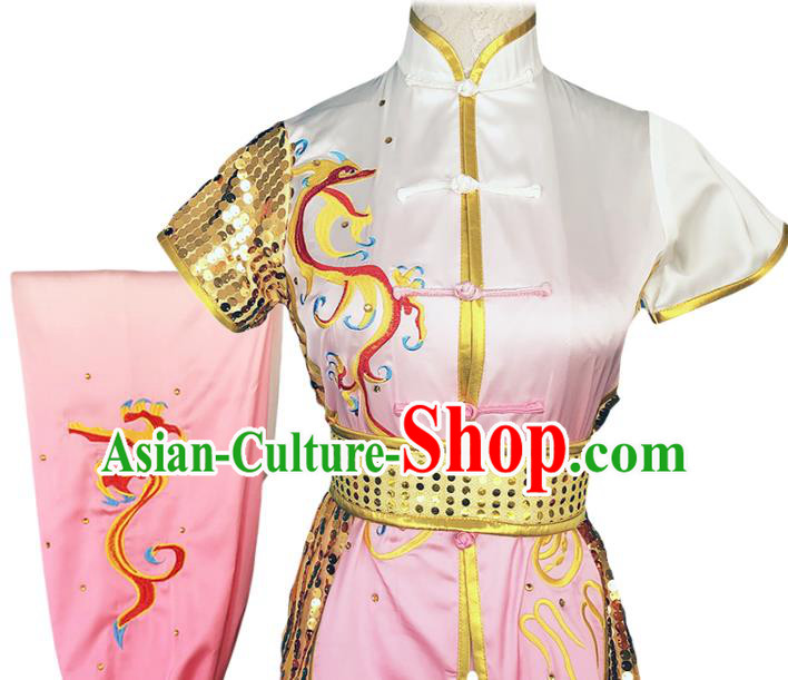 China Wushu Competition Garment Costume Woman Kung Fu Performance Clothing Martial Arts Embroidered Dragon Gradient Pink Uniforms