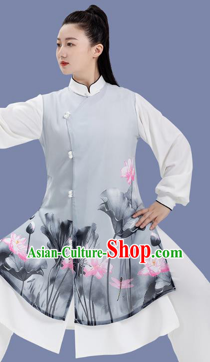 Chinese Tai Chi Competition Clothing Woman Tai Ji Training Garment Costumes Martial Arts Hand Painting Lotus Grey Outfits