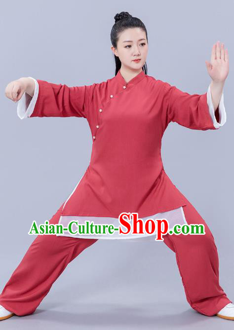 Chinese Martial Arts Competition Red Flax Outfits Tai Chi Performance Clothing Woman Tai Ji Training Garments