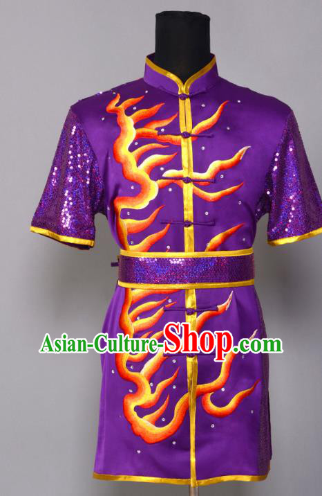 China Martial Arts Clothing Kung Fu Performance Apparels Cudgel Play Garment Costumes Southern Boxing Competition Purple Uniforms