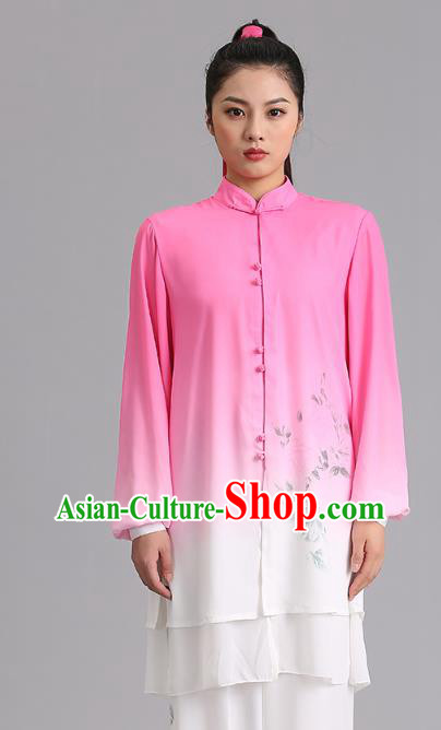 Chinese Martial Arts Painting Garments Tai Ji Competition Gradient Pink Outfits Kung Fu Tai Chi Performance Clothing