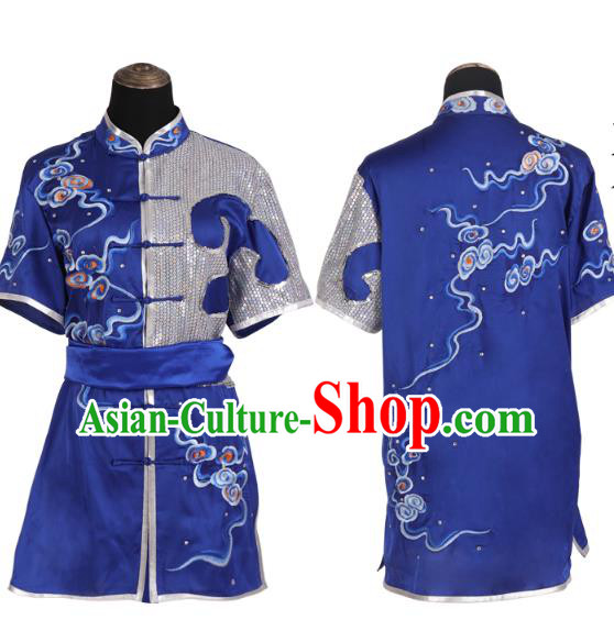 China Southern Boxing Garment Costumes Wushu Training Uniforms Martial Arts Clothing Kung Fu Embroidered Cloud Royalblue Suits