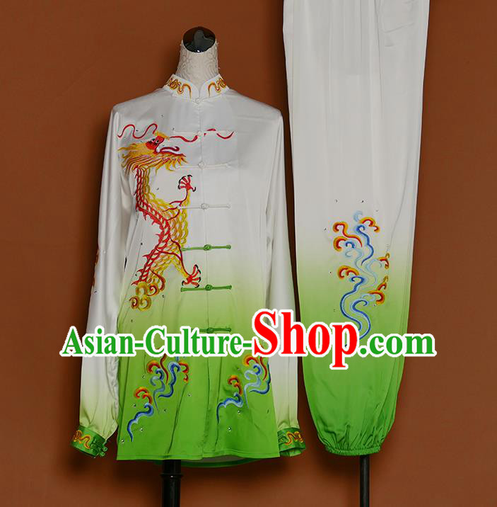 China Martial Arts Garment Costumes Kung Fu Tai Ji Gradient Green Suits Tai Chi Competition Embroidered Dragon Uniforms