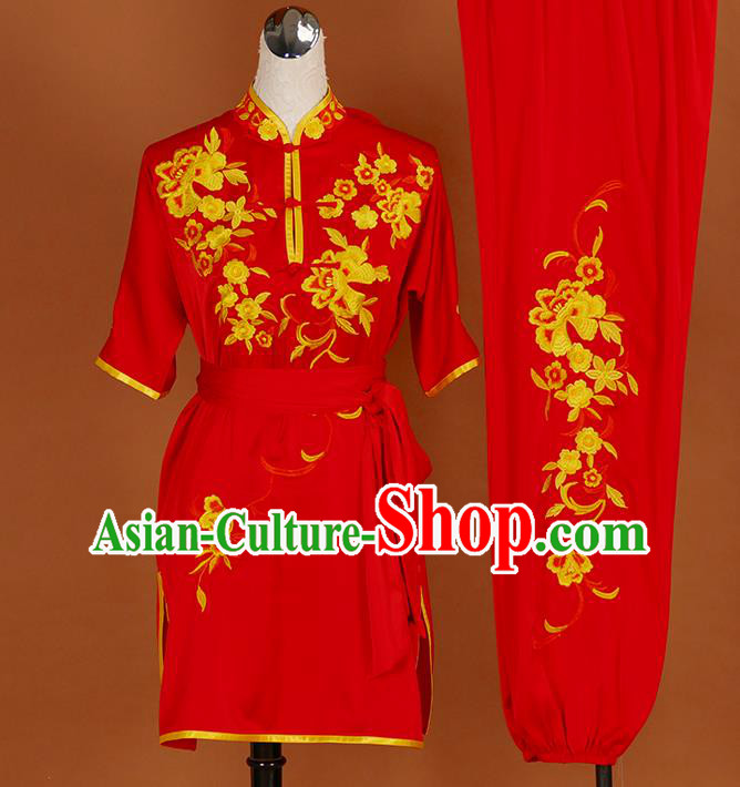 Chinese Martial Arts Short Sleeve Outfits Wushu Competition Garment Costume Kung Fu Tai Chi Performance Red Suits
