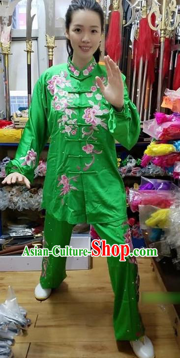 Chinese Wushu Competition Embroidered Flowers Clothing Kung Fu Tai Chi Performance Green Suits Martial Arts Long Sleeve Outfits
