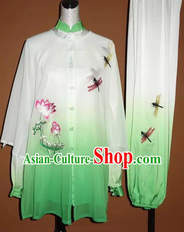 Chinese Kung Fu Tai Chi Performance Green Suits Martial Arts Outfits Wushu Competition Embroidered Lotus Clothing