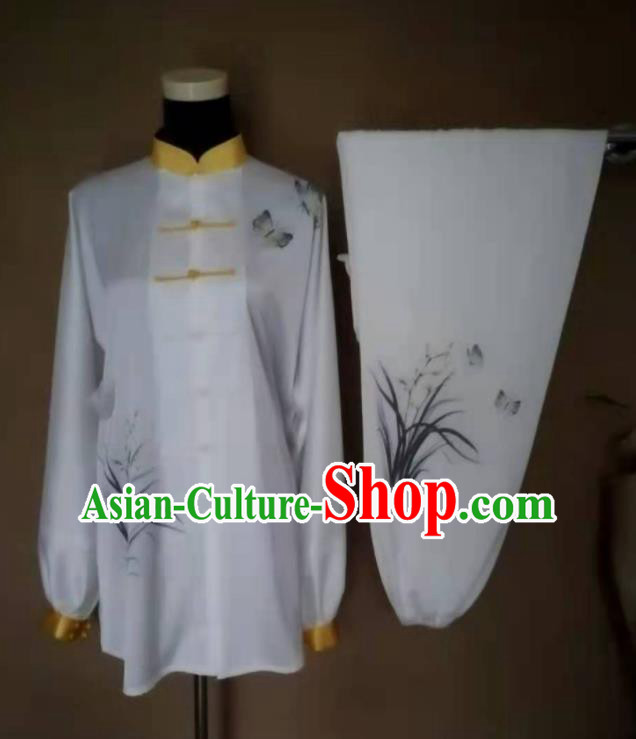 Chinese Martial Arts Competition White Outfits Kung Fu Tai Ji Printing Orchids Clothing Tai Chi Sword Performance Suits
