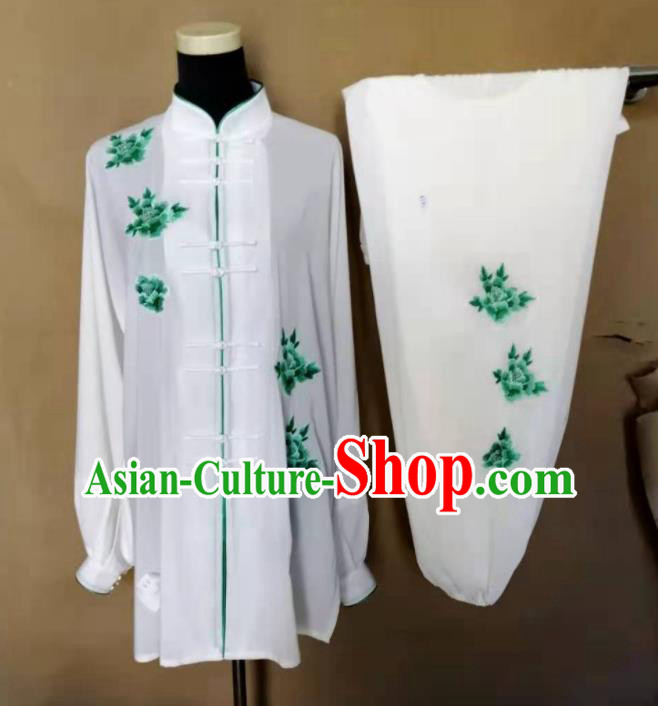 Chinese Tai Chi Sword Performance Suits Martial Arts Competition White Outfits Kung Fu Tai Ji Printing Green Peony Clothing