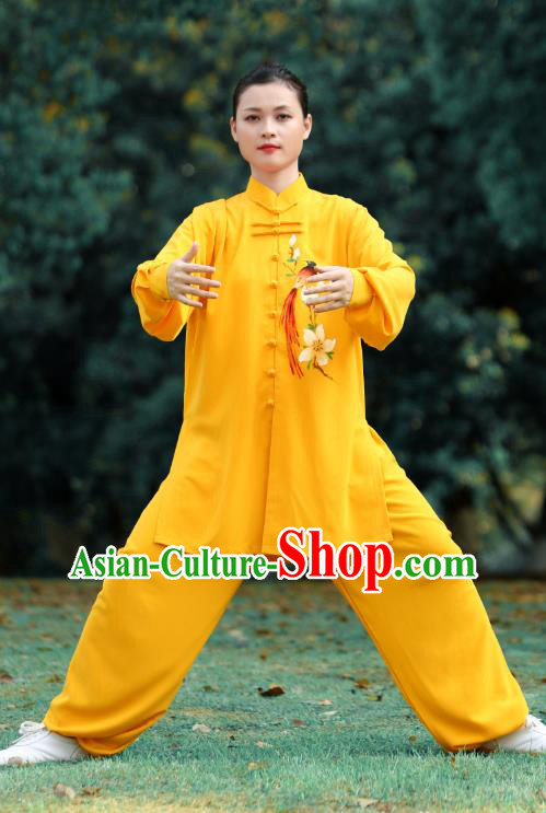 Chinese Martial Arts Kungfu Performance Garments Tai Ji Chuan Printing Flowers Bird Yellow Outfits Tai Chi Group Competition Clothing