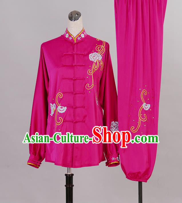 Chinese Tai Chi Sword Performance Suits Martial Arts Competition Embroidered Butterfly Rosy Outfits Tai Ji Training Clothing