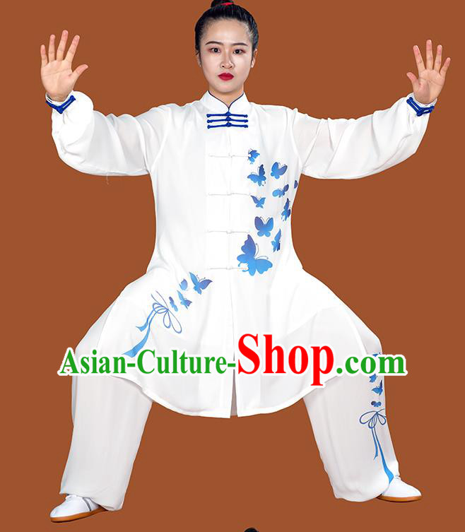Chinese Tai Chi Performance White Suits Martial Arts Competition Printing Butterfly Outfits Kung Fu Tai Ji Training Clothing