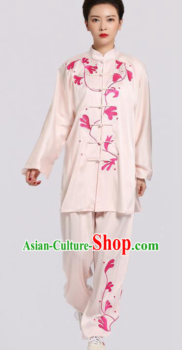 Chinese Tai Chi Competition Light Pink Suits Martial Arts Embroidered Outfits Kung Fu Tai Ji Training Clothing