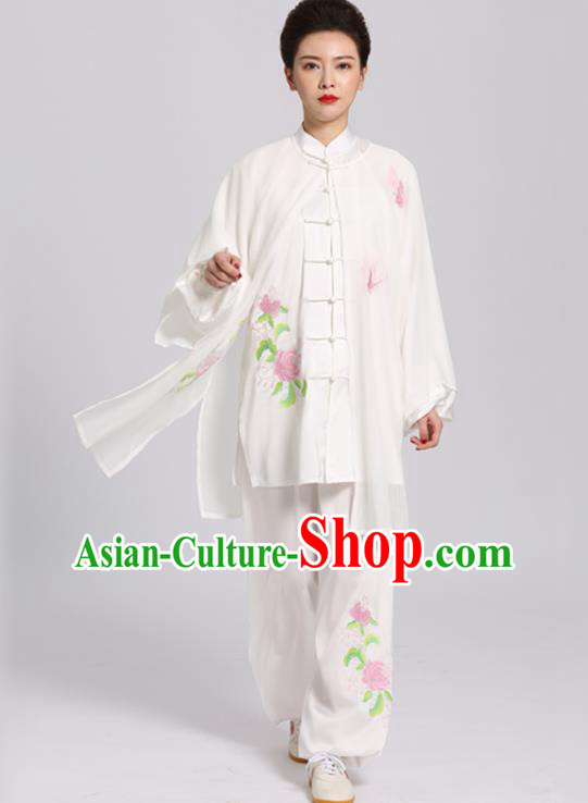Chinese Kung Fu Tai Ji Training Clothing Tai Chi Competition White Suits Martial Arts Embroidered Chrysanthemum Outfits