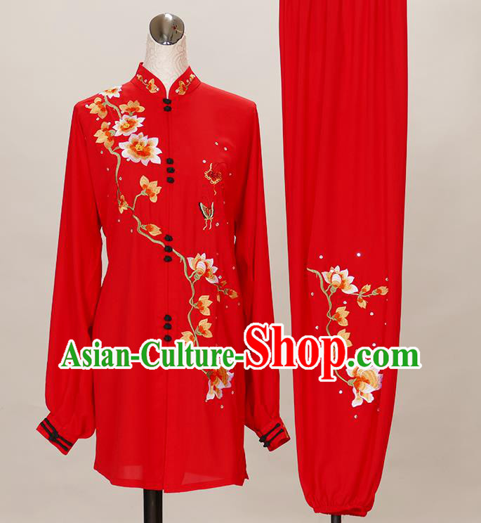 Chinese Kung Fu Wushu Competition Clothing Tai Chi Performance Red Suits Martial Arts Embroidered Mangnolia Outfits