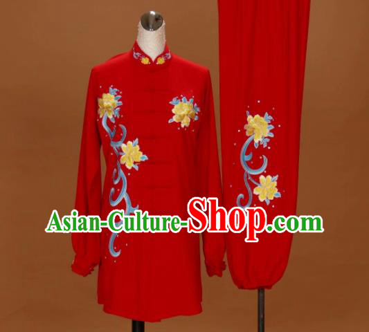 Chinese Martial Arts Embroidered Peony Outfits Kung Fu Wushu Competition Clothing Tai Chi Performance Red Suits