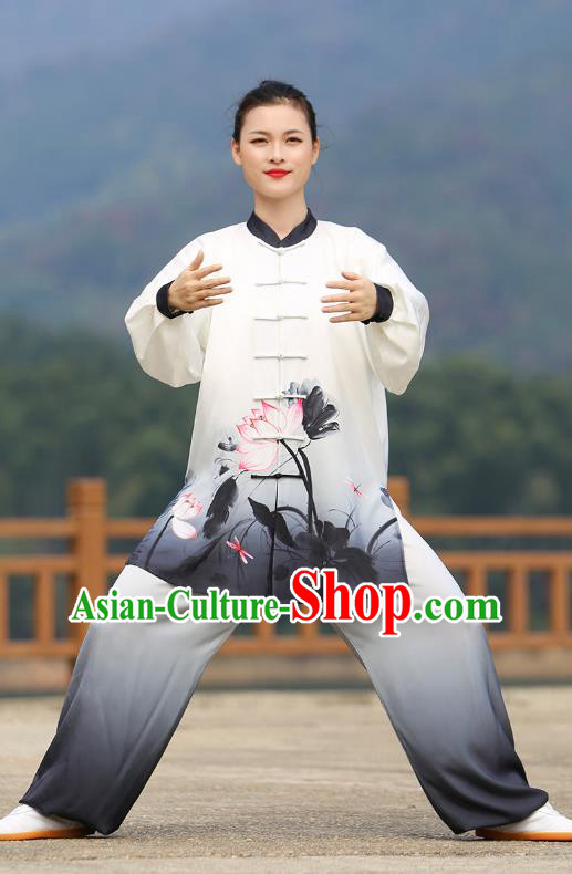 Chinese Kung Fu Printing Lotus Suits Tai Ji Chuan Gradient Black Outfits Tai Chi Group Performance Clothing Martial Arts Competition Garment