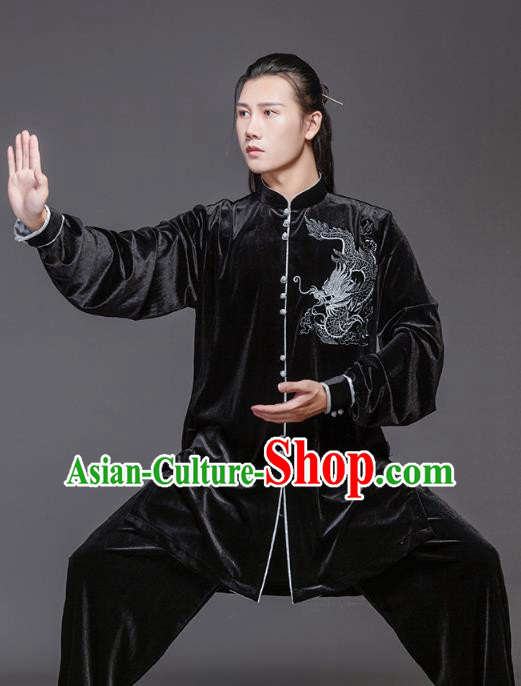 China Tai Chi Garment Costumes Wushu Training Uniforms Martial Arts Clothing Tai Ji Performance Embroidered Dragon Black Velvet Suits